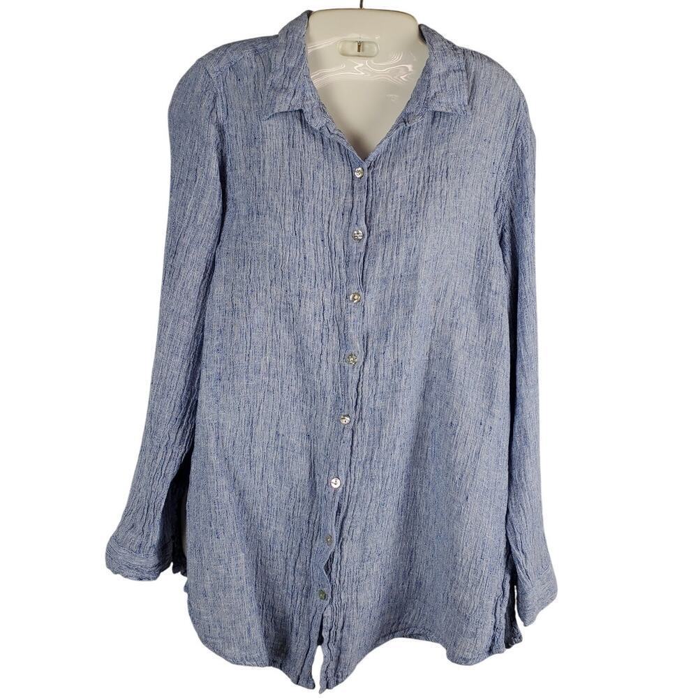 Tahari Linen Button-Up Shirt Blue Sz M Coastal Resort Style Coastal Grandmother